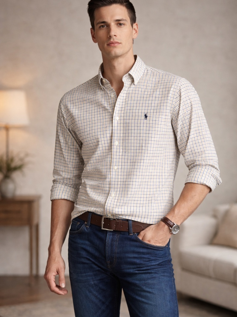 Classic Preppy Ralph Lauren L Button Down Shirt Plaid Cotton Yellow Blue